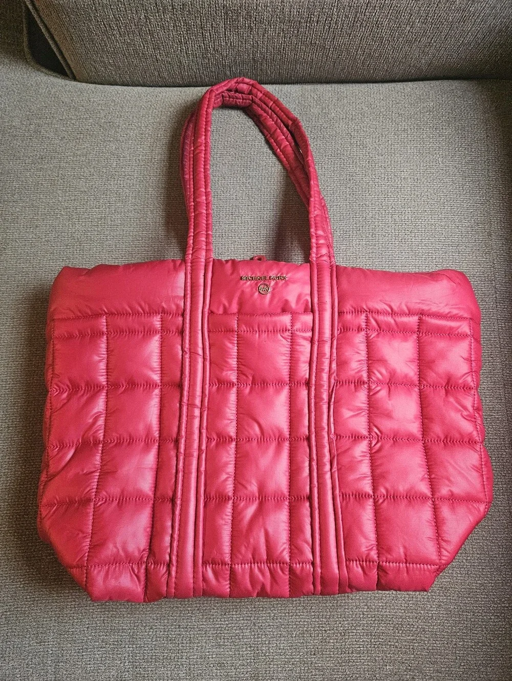 Michael Kors Red Puffer Tote Stirling Quilted Recycled Travel Bag $278